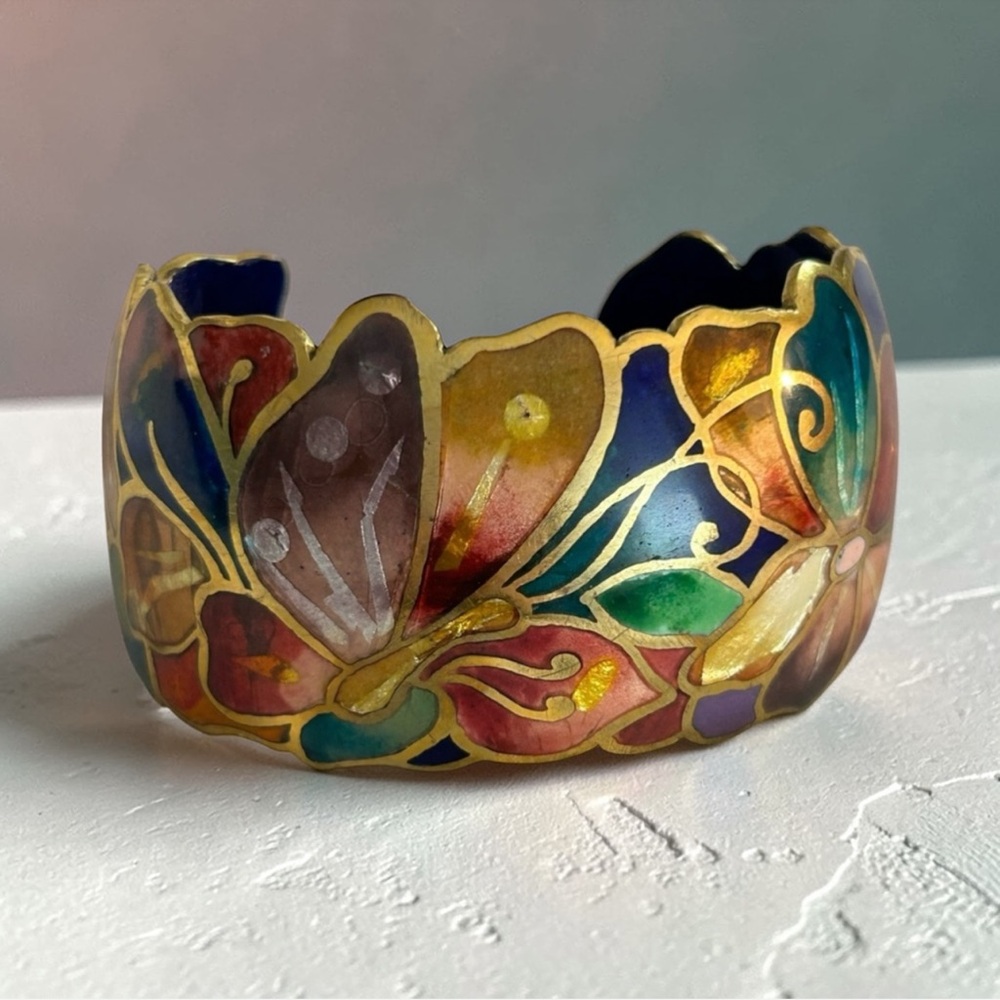 Vintage David Kuo Butterfly Champleve Cloisonné Enamel Cuff